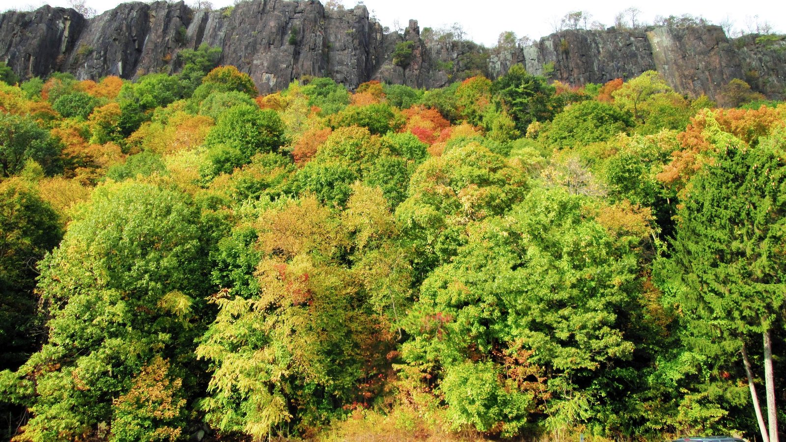 The Hudson River Palisades cliffs in autumn, seen from Alpine, NJ