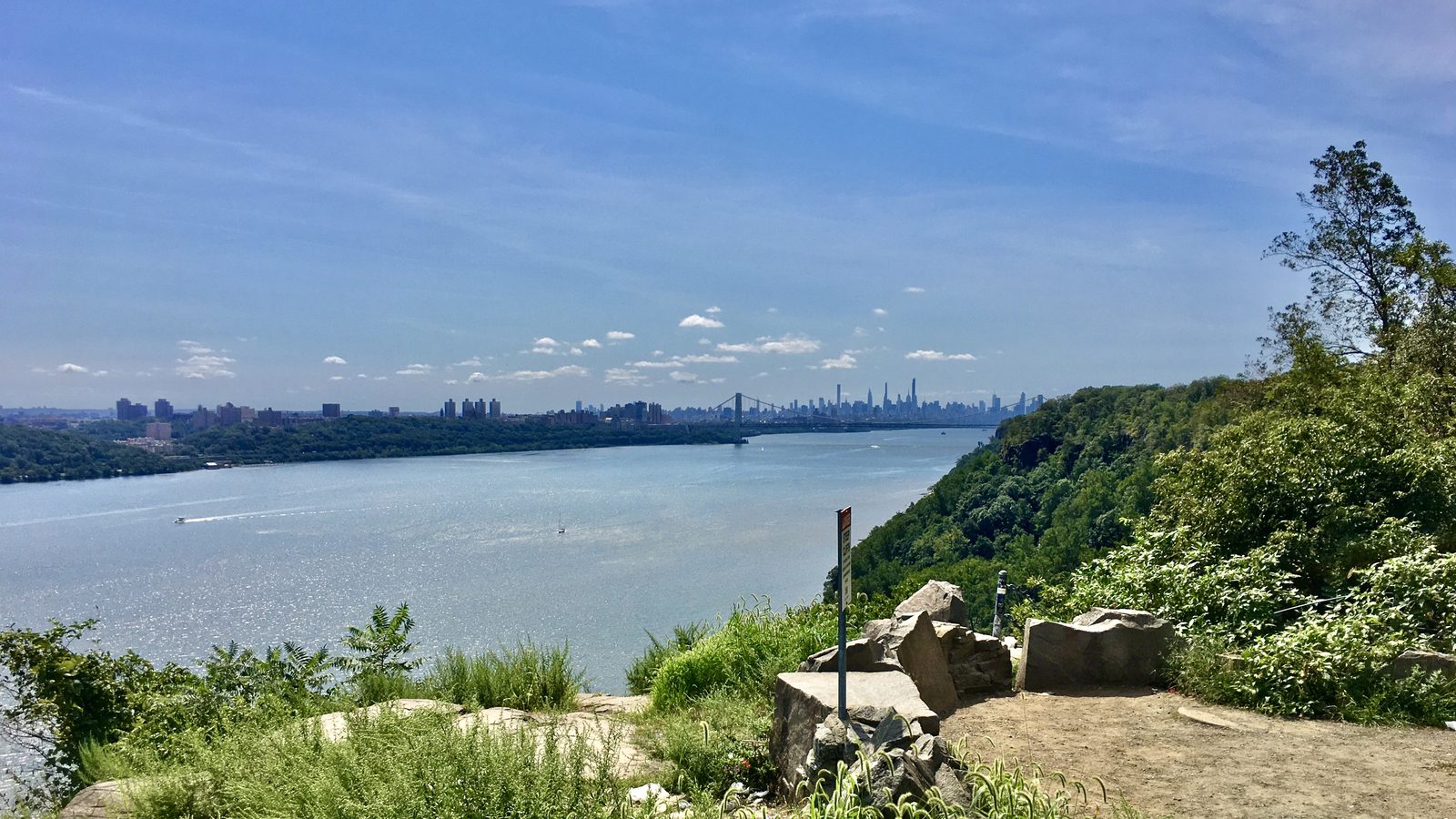 The view down the Hudson River from Rockefeller Overlook on the Palisades in Englewood Cliffs, NJ