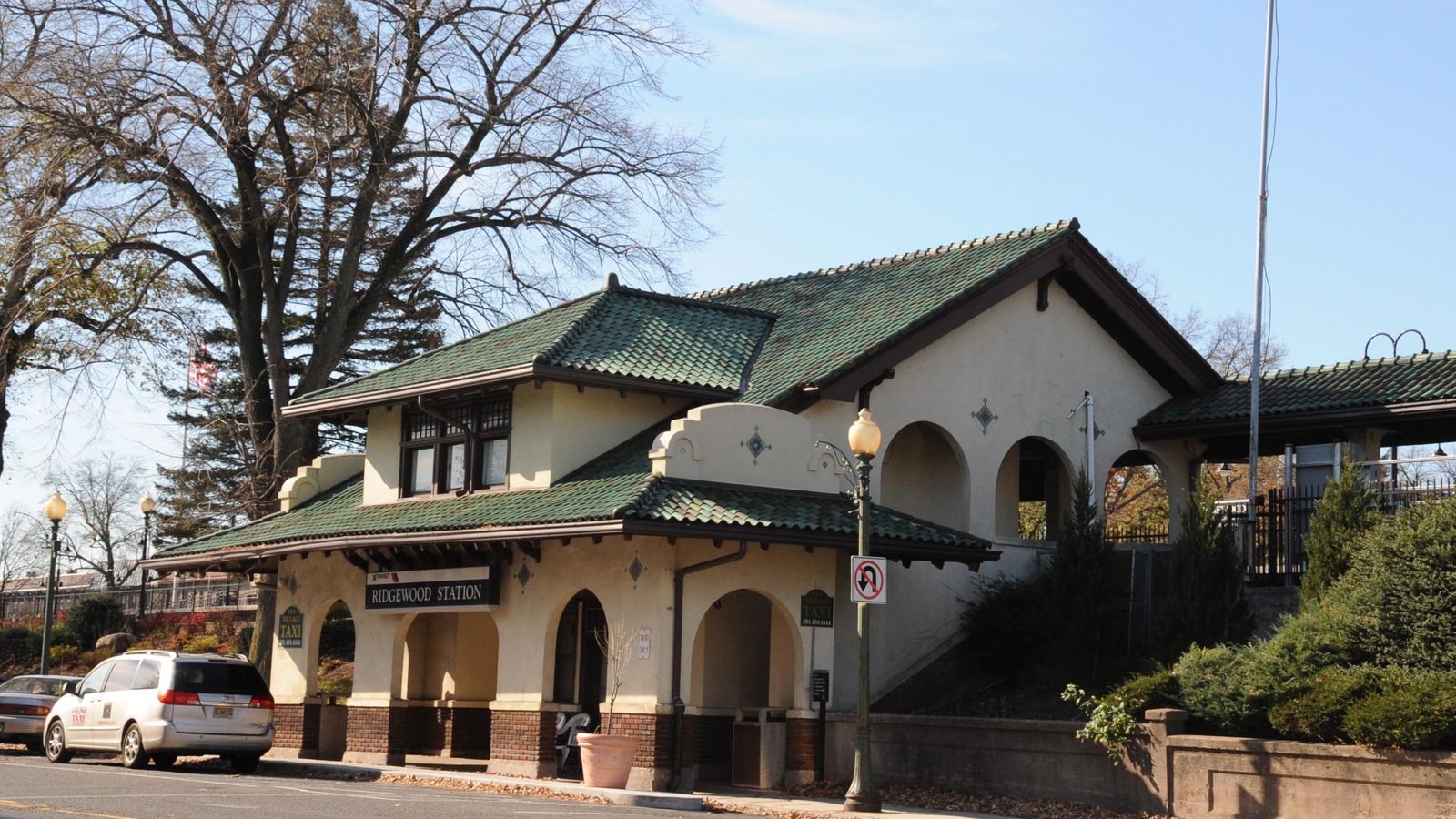 The 1916 Spanish Mission-style Ridgewood NJ Transit station in downtown Ridgewood, NJ