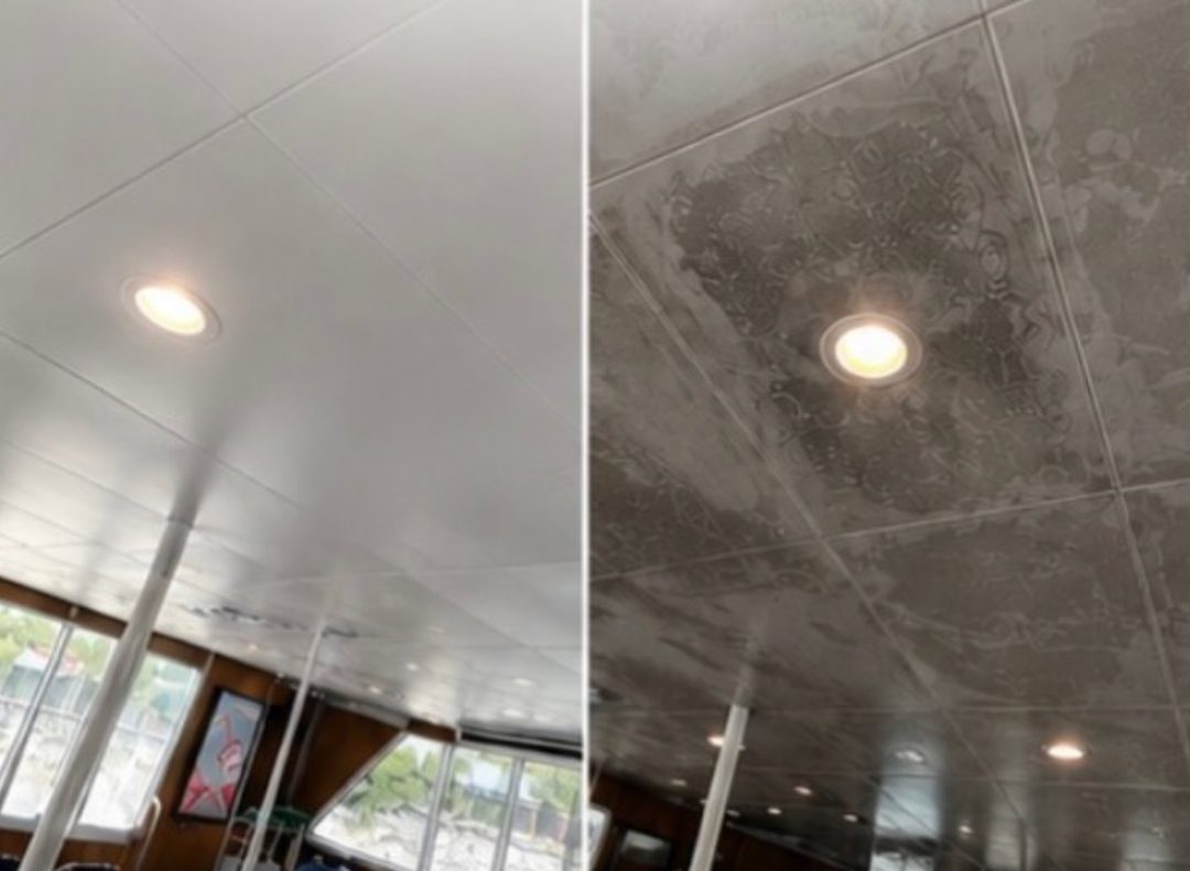 NY Waterway ferry ceiling before and after. Recurring commercial cleaning holds the standard between deep resets.