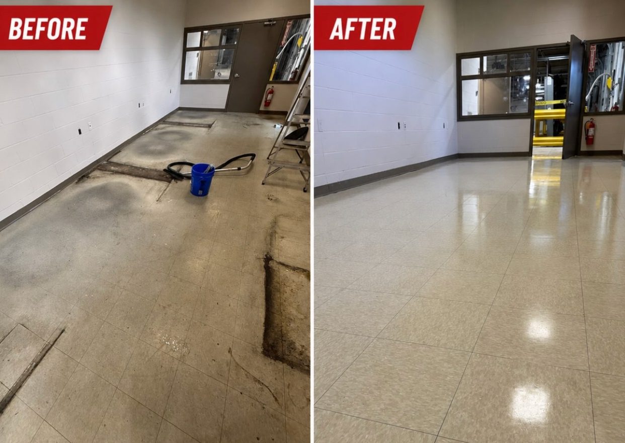 VCT floor before and after a strip-and-refinish routine on a commercial account.